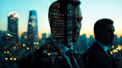 Silhouetted Businessmen with Cityscape and Digital Overlay