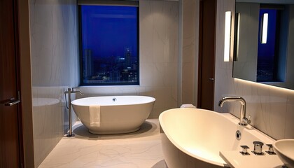 Hotel bathroom with sleek modern fixtures, a freestanding tub, soft lighting reflecting off marble tiles, relaxing ambiance at night