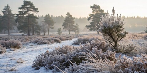 Captivating Winter Wonderland in Lueneburg Heath Nature Park, Lower Saxony: Snow-Covered Heathlands and Frosty Pines Create a Picturesque Scene of Tranquility