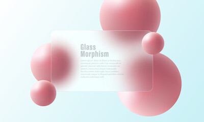 Trendy and futuristic glass morphism website landing page template. Frosted glass partition with floating pink spheres.