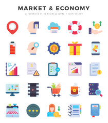 Set of 25 Market & Economy Flat Icons Pack.