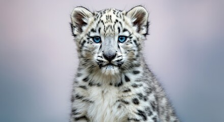 Majestic snow leopard cub with striking blue eyes on soft gradient background