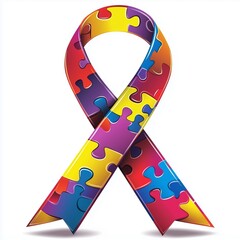 Colorful puzzle ribbon symbolizing Down Syndrome awareness on a bright white background