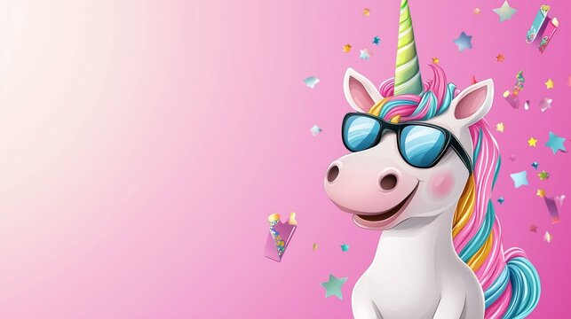 Fun unicorn event invitation with sunglasses and colorful confetti on a pink background