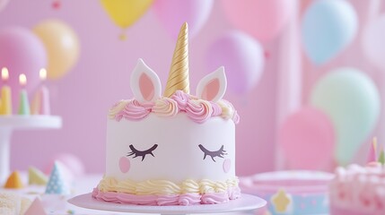 Adorable unicorn themed birthday cake with pastel decorations and balloons in a festive setting with copy space 