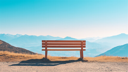 A wooden bench on a mountain top against a bright blue sky and distant peaks. Perfect for meditation, relaxation, or enjoying the scenic landscape.