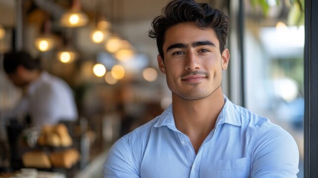 Portrait of a Young Man with a Smile in a Cafe
