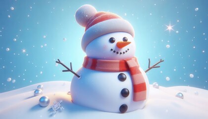 A cheerful snowman with a red and white scarf and hat, standing in a snowy landscape with falling snowflakes