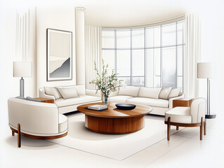 Fototapeta premium Hand-Drawn Sketch of Luxurious Living Room with Elegant Furniture, Opulent Decor, and Statement Lighting Fixtures