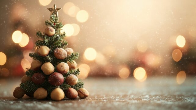 Christmas tree made of Macadamia nuts food standing on snowy wooden table with lights in the background