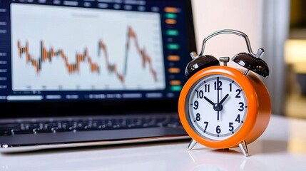 A clock and laptop with stock market charts on the screen, close-up shot.  A clear focus on details of the alarm clock in front of the computer, showing trading data and graphs. 