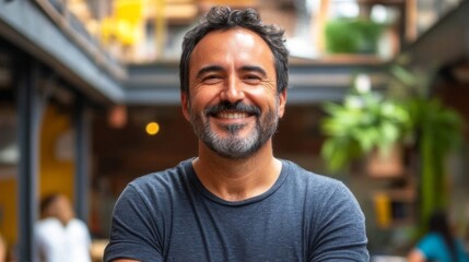 Fototapeta premium A Smiling Middle-Aged Man with a Beard, Wearing a Dark T-Shirt