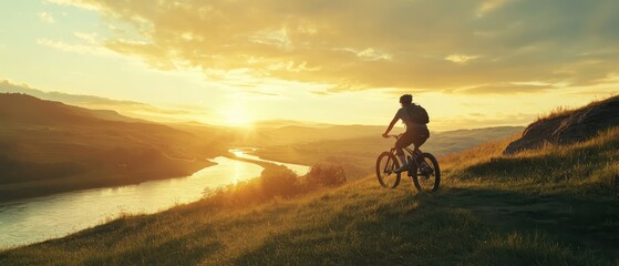 Obraz premium Cyclist enjoying a sunset ride along a river with scenic hills in the background