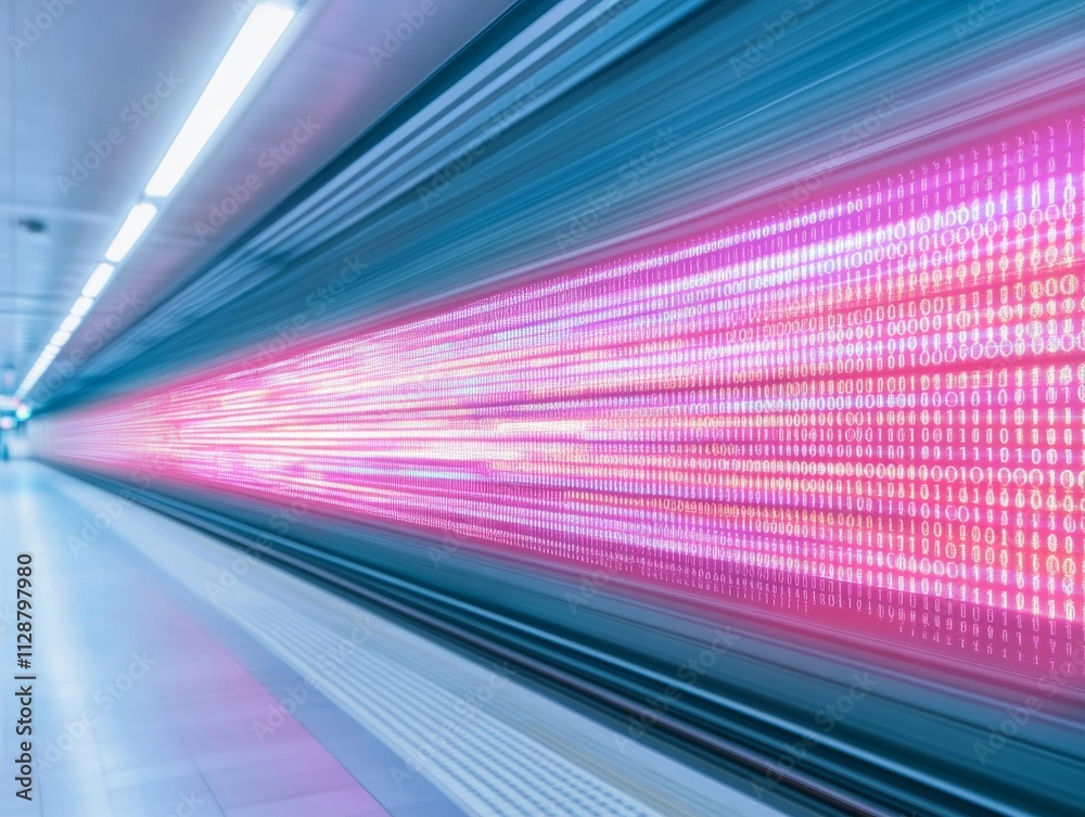 Aufkleber Futuristic Subway Scene with Digital Advertisements and Binary Motion Blur in South Korea