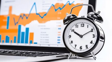 A clock and laptop with stock market charts on the screen, close-up shot.  A clear focus on details of the alarm clock in front of the computer, showing trading data and graphs. 