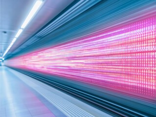 Futuristic Subway Scene with Digital Advertisements and Binary Motion Blur in South Korea
