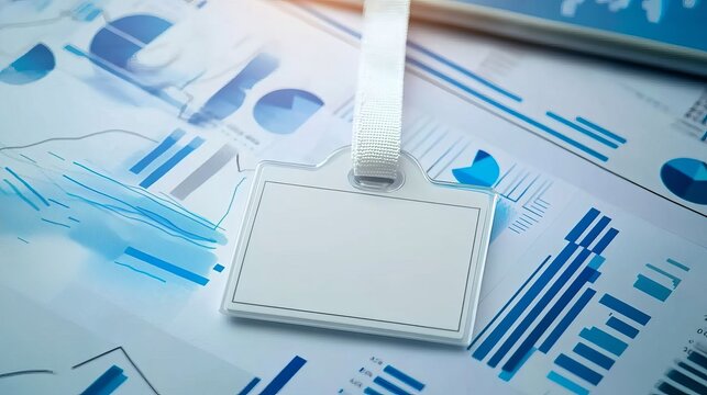 A close-up of an ID card with the background being blue graphs and charts, symbolizing business data analysis or market research in financial planning and vision development for sales innovation. - Powered by Adobe