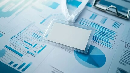 A close-up of an ID card with the background being blue graphs and charts, symbolizing business data analysis or market research in financial planning and vision development for sales innovation.