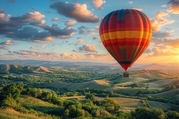 Fototapeta premium Colorful hot air balloon flying over rolling green hills at sunset. AI generative. .