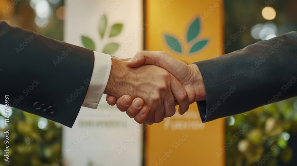 Poster two professionals engage in a handshake to signify partnership in advancing artificial intelligence 