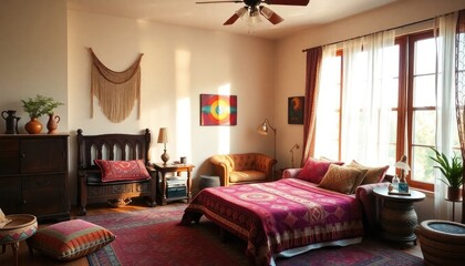 boho bedroom with eclectic furnishings, rich textiles, and vibrant colors, soft sunlight spilling through large windows, creating a cozy and welcoming space during the day