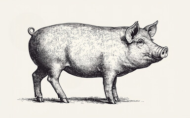 Pig, hog, boar. Vintage retro print, black white pig sketch ink pencil style drawing, linear drawing, engrave old school. Sketch artwork silhouette pig, hog, boar. Side view profile. Illustration