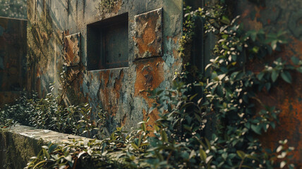 Overgrown War Bunker: A photograph of a rusting war bunker, overrun with plants and weeds, representing the forgotten memories of past conflicts.