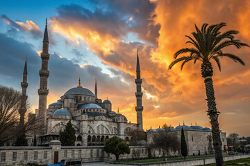 Obraz premium Religious background of Ramadan Kareem with mosque silhouettes reflected