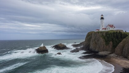 Distant view of a tall lighthouse standing against a cloudy sky, with rocky cliffs and waves crashing below