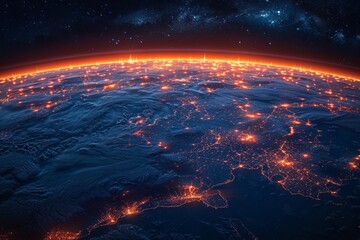 Earth at night, with a fiery glow from cities, against a starry sky. AI generative. .