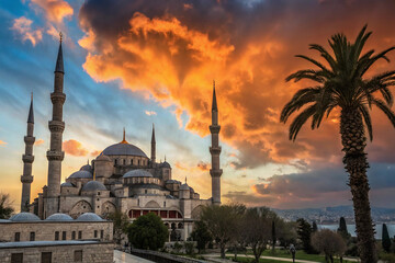 Obraz premium Religious background of Ramadan Kareem with mosque silhouettes reflected