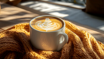 Warm latte art coffee in a white mug, resting on a cozy knitted sweater on a wooden table bathed in sunlight. Perfect for autumn or winter vibes.