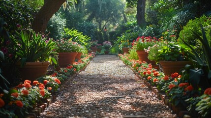 Stone path through a lush garden with terracotta pots and blooming flowers. AI generative. .
