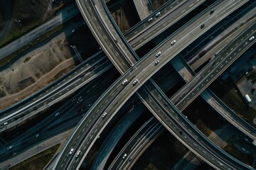 Aerial view of a highway interchange with cars driving. AI generative. .