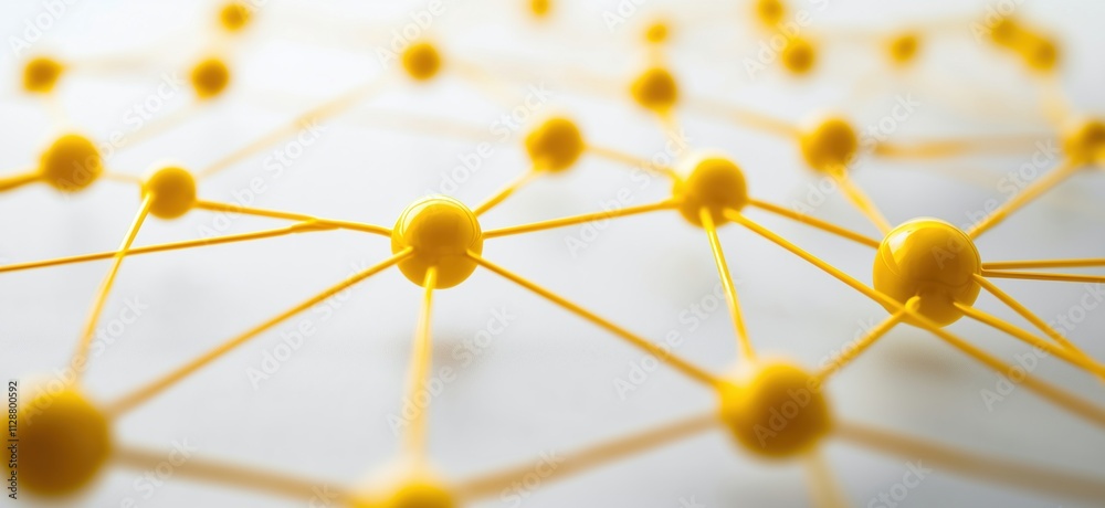 Poster network of yellow nodes and connections, abstract representation of data or technology, showcasing i