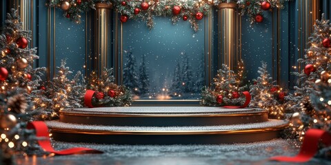 Christmas Stage Set with Blue Velvet Backdrop, Large Decorated Tree, and Gold Presents, for Commercial Event or Performance