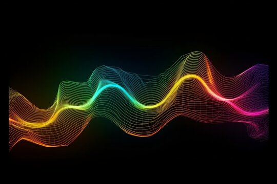 Abstract wave with rainbow colored lines on black background. AI generative. .