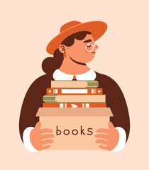 Young woman holding box with stack of books. Vector isolated illustration with girl in hat and books. World Book Day. Volunteering concept. Naive cute female character, book lover