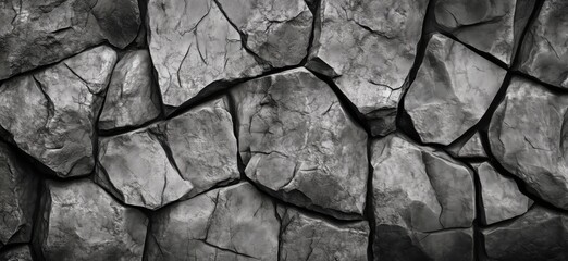 Textured stone wall, rough gray rocks, irregular shapes, shadows, monochrome design, copy space for text