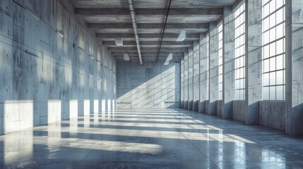 Modern huge concrete material empty hall with big white glowing windows.
