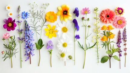 A variety of colorful flowers arranged in a row on a white background.
