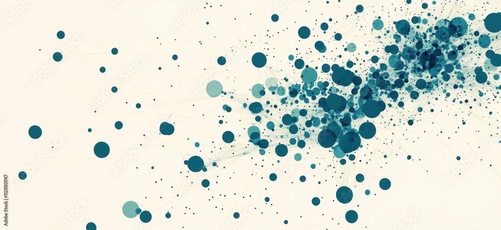 Poster abstract data visualization with teal circles and lines, depicting connections and patterns in a dyn
