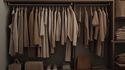 Clothes in wardrobe in pantone mocha mousse colors.