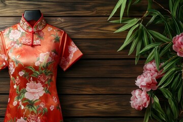 Beautiful red traditional shirt with pink flowers and leaves. Chinese new year theme on wooden background with copy space.
