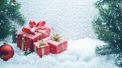 Christmas background with red gift boxes and snow, on a white background, with copy space, in the style of a banner, 3D rendering.