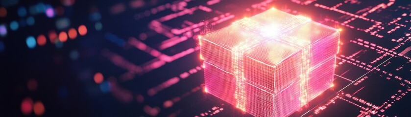 A glowing digital gift box on a futuristic circuit board background.