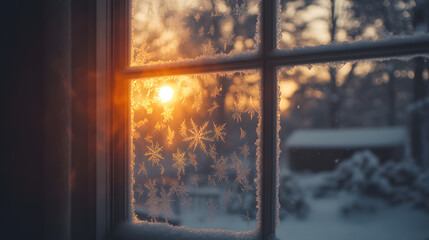 Fototapeta premium A frosted-over window adorned with natural snowflake patterns catching the sunrise.