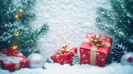 Christmas background with red gift boxes and snow, on a white background, with copy space, in the style of a banner, 3D rendering.