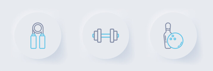 Set line Bowling pin and ball, Dumbbell and Sport expander icon. Vector