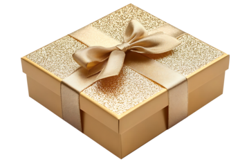 golden gift box with ribbon, PNG transparent